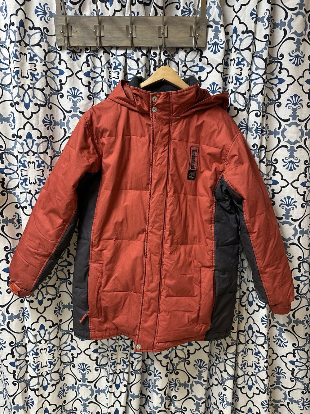 Timberland Women's Down Parka Puffer Jacket Red & Black Size XL Full Zip Flaw